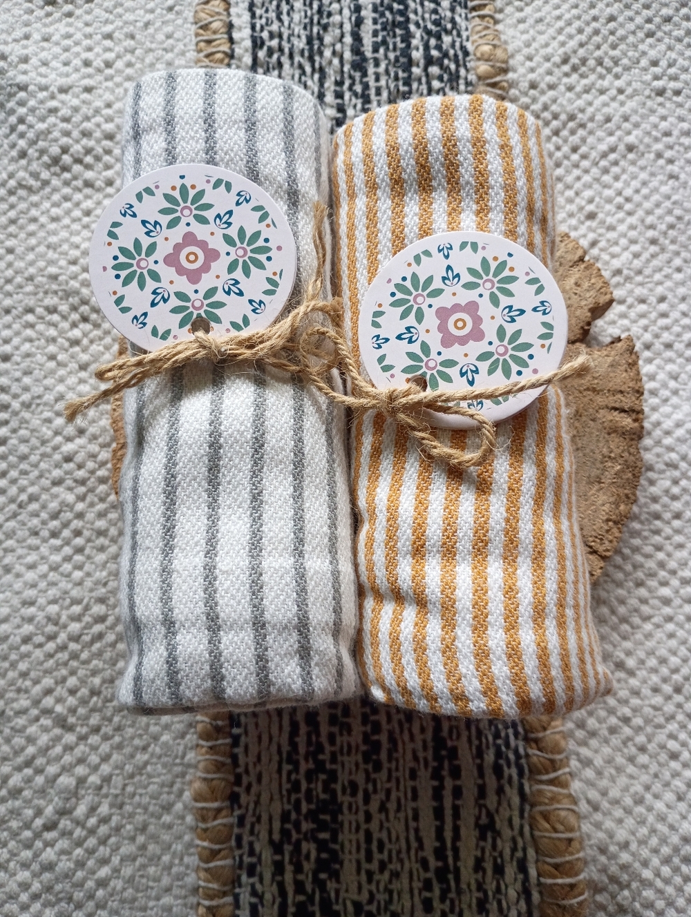 Cost Plus World Market Gray and Mustard Stripe Kitchen Towels